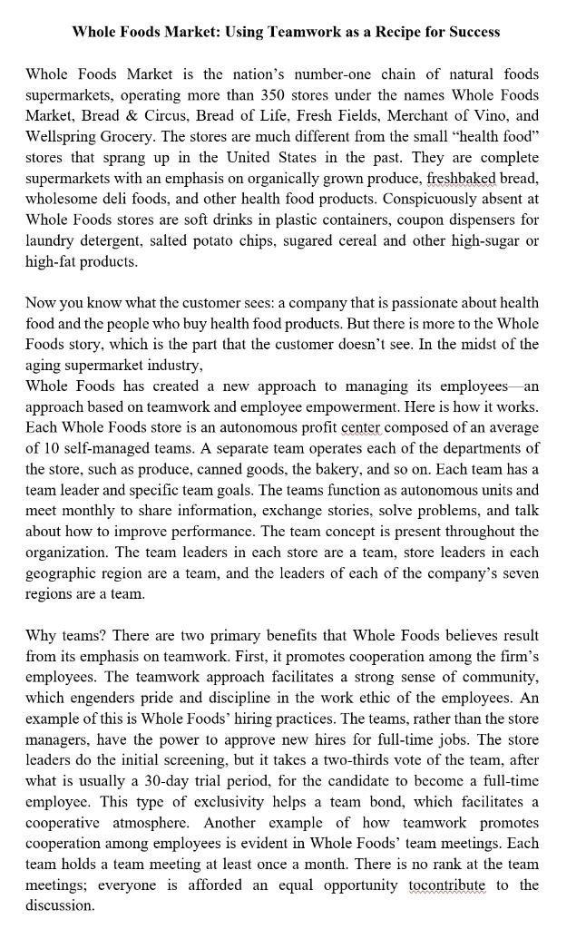 Whole Foods Market: Using Teamwork as a Recipe