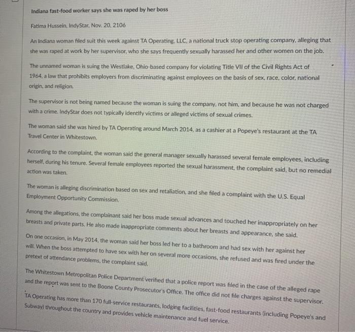 Indiana fast-food worker says she was raped by