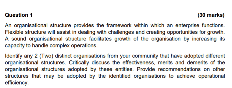 Question 1 (30 marks) An organisational structure