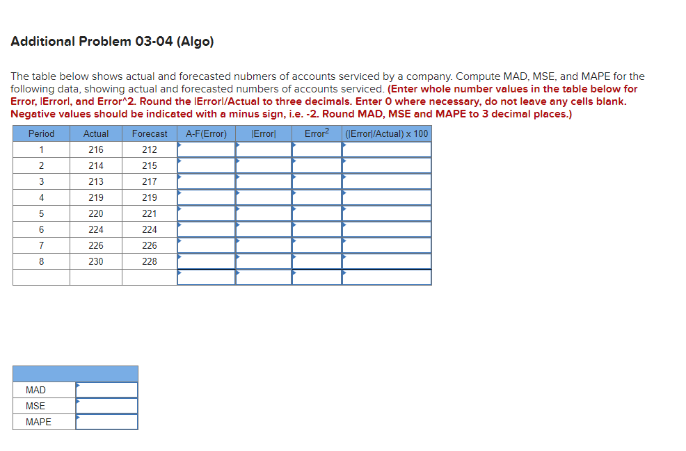 Additional Problem 03-04 (Algo) The table below