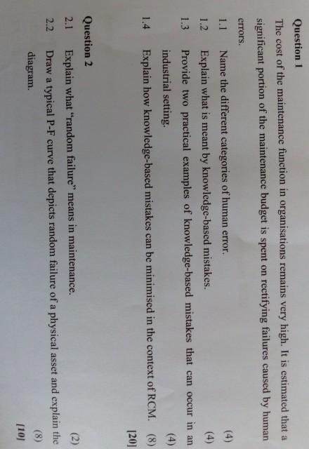 Question 1 The cost of the maintenance function