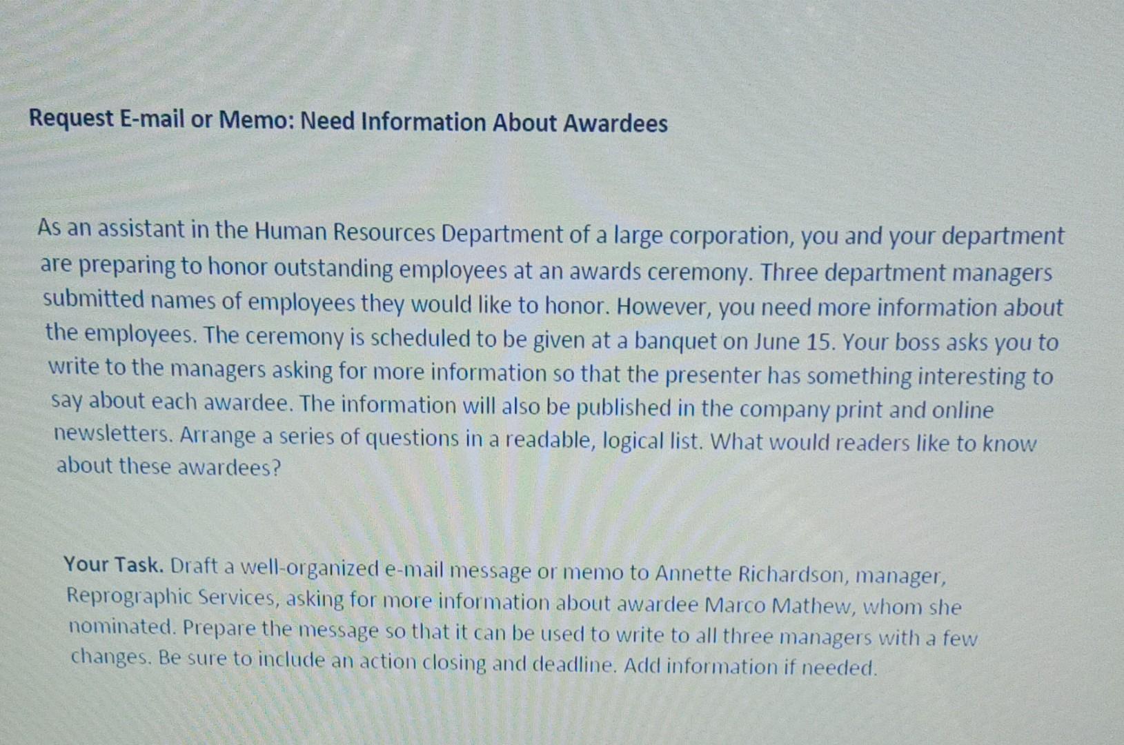 Request E-mail or Memo: Need Information About