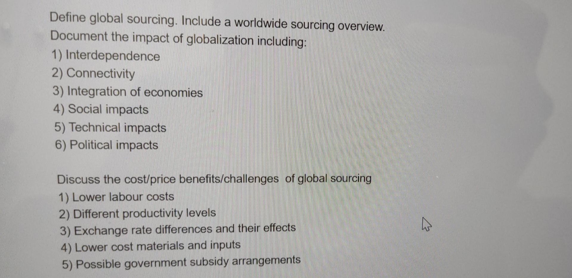 Define global sourcing. Include a worldwide