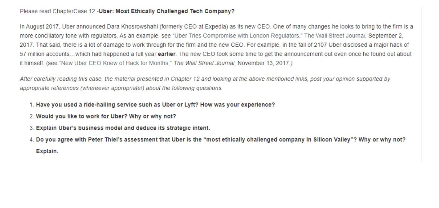 Please read ChapterCase 12 -Uber: Most Ethically