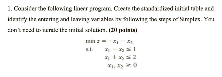 1. Consider the following linear program. Create