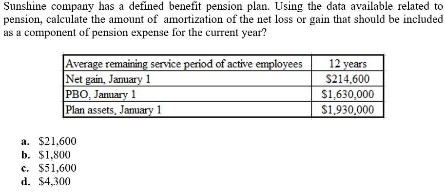 Sunshine company has a defined benefit pension