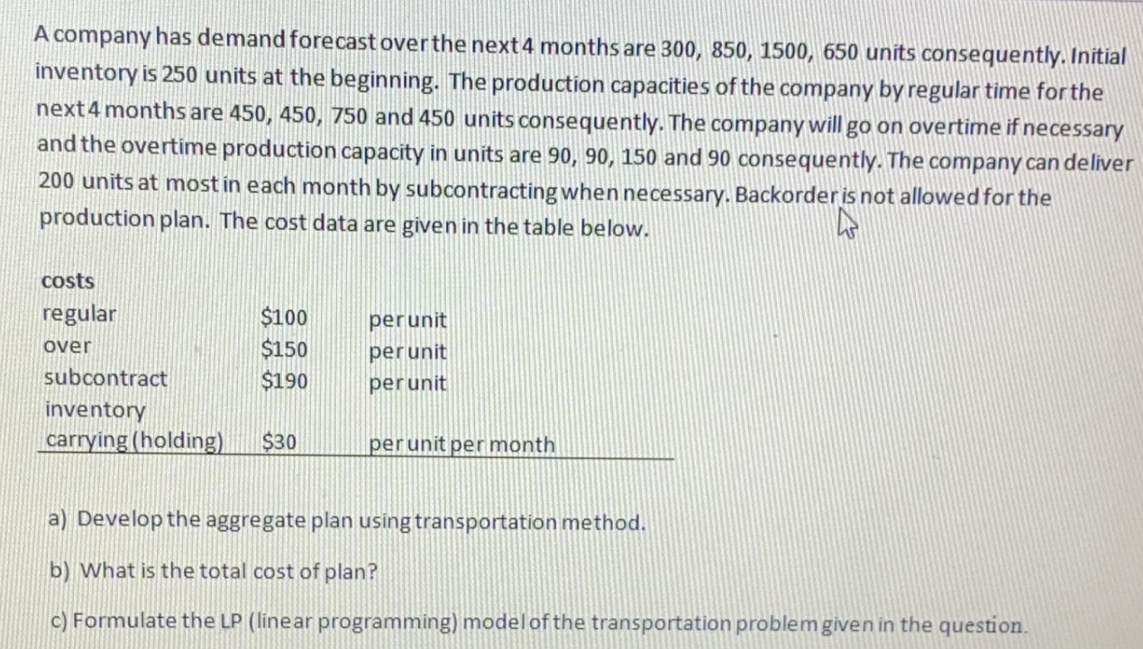 A company has demand forecast over the next 4