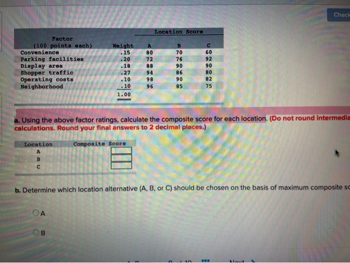 Check Location Score Weight . 15 .20 Factor (100