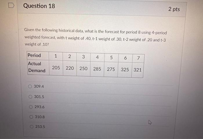 Question 18 2 pts Given the following historical