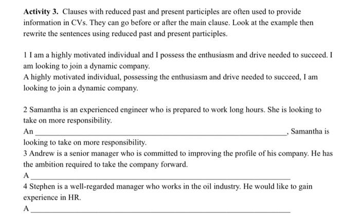 Activity 3. Clauses with reduced past and present