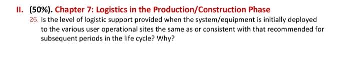 II. (50%). Chapter 7: Logistics in the