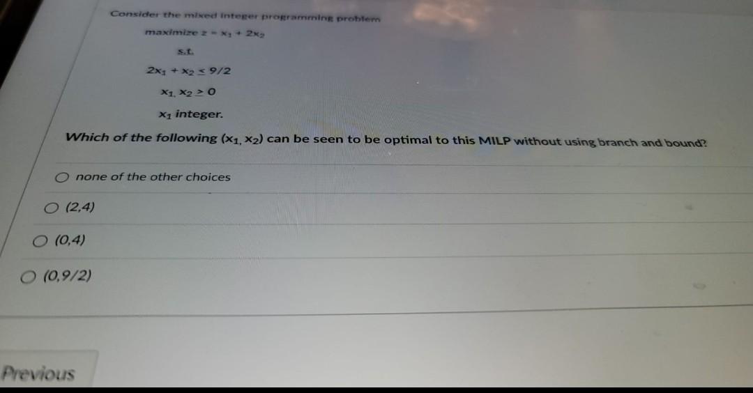 Consider the mixed Integer programming problem