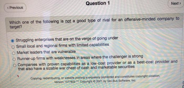 Question 1 Next > < Previous Which one of the