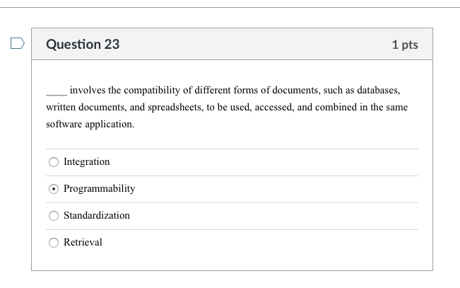 Question 23 1 pts involves the compatibility of