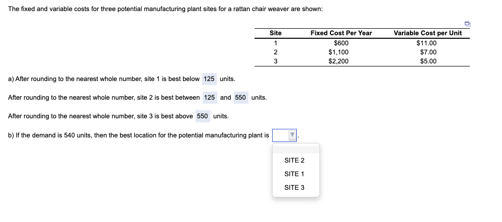 The fixed and variable costs for three potential