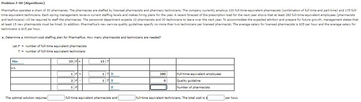 Problem 7-49 (Algorithmic) PharmaPlus operates a