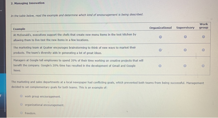 ANSWER ALL 2. Managing Innovation In the table