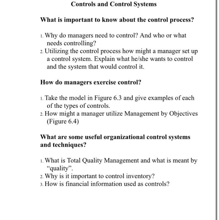 Controls and Control Systems What is important to
