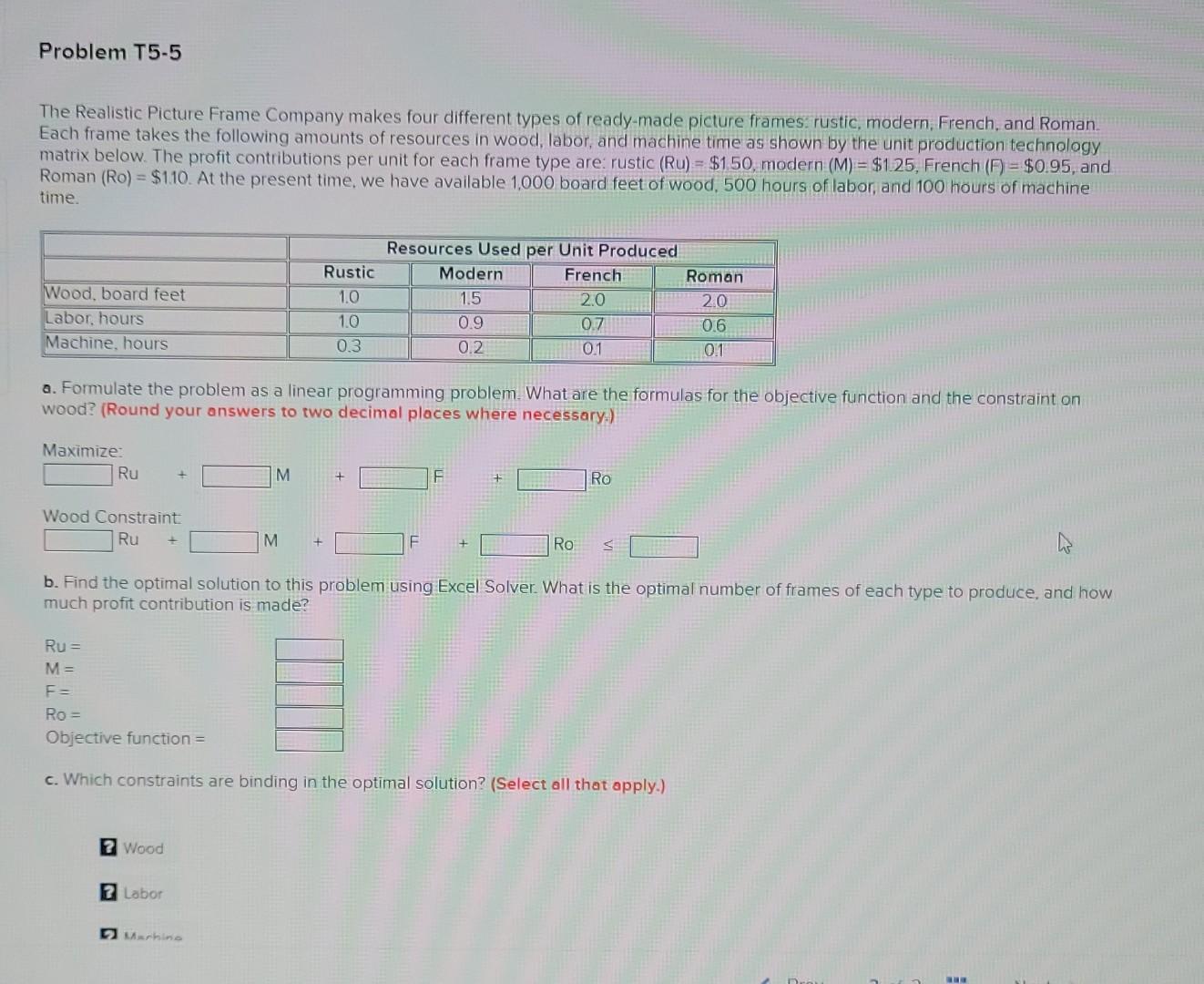 Problem T5-5 The Realistic Picture Frame Company