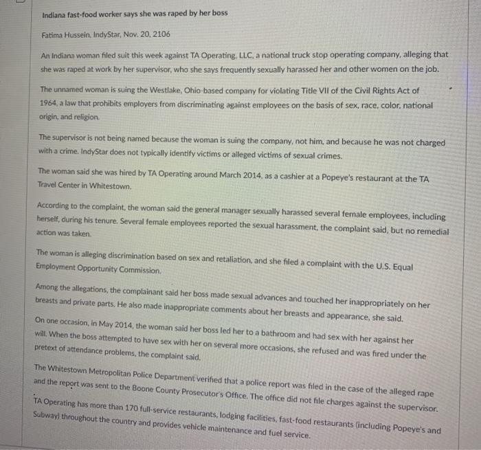 Indiana fast-food worker says she was raped by