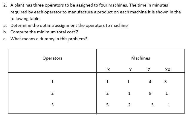 2. A plant has three operators to be assigned to