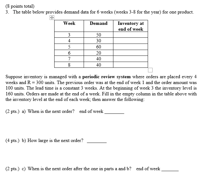 (8 points total) 3. The table below provides