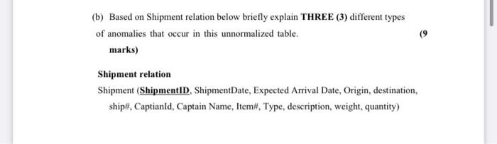 (b) Based on Shipment relation below briefly