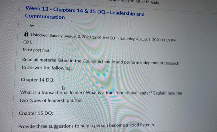 other threads Week 13 - Chapters 14 & 15 DQ -