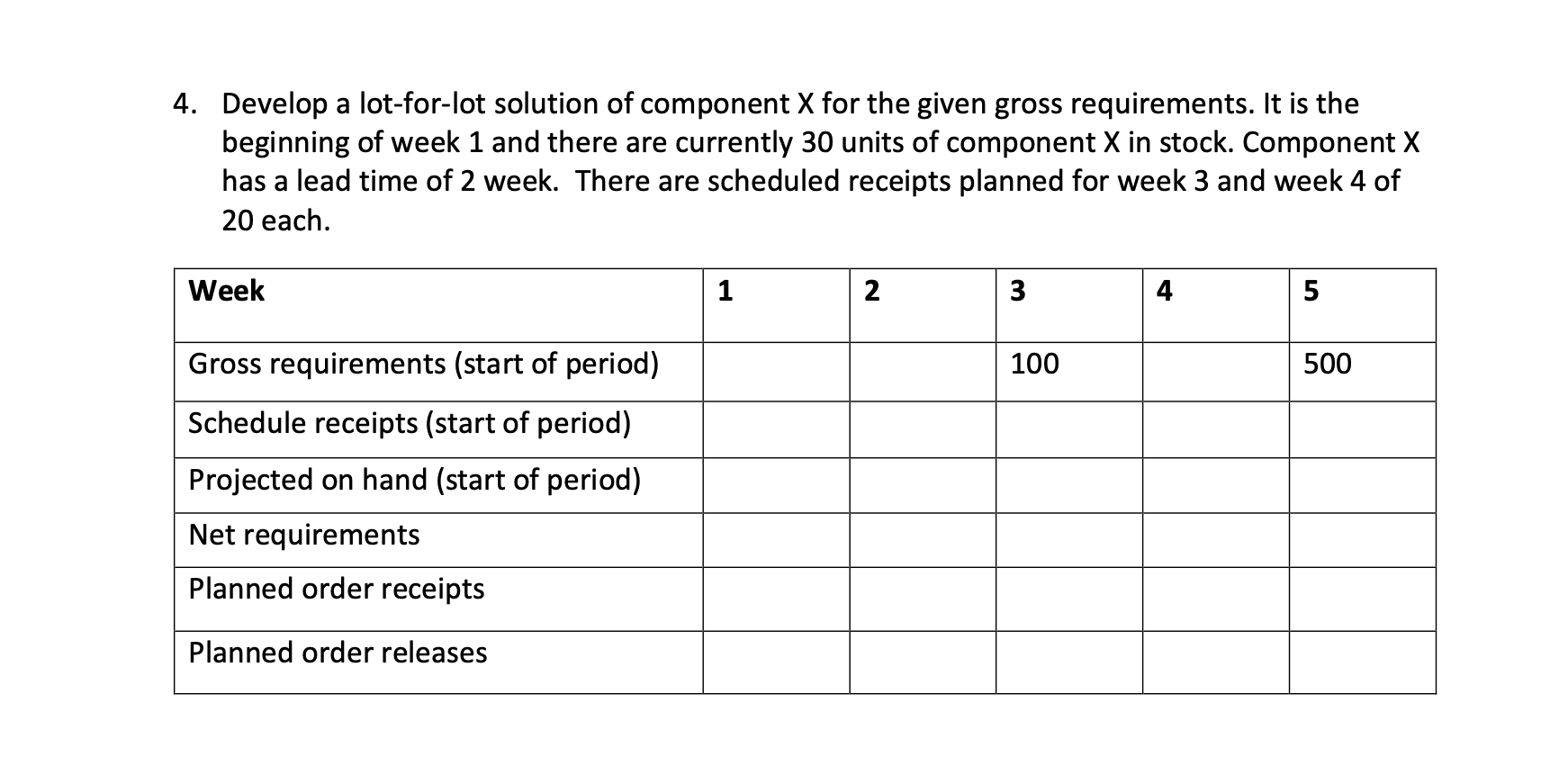 4. Develop a lot-for-lot solution of component X