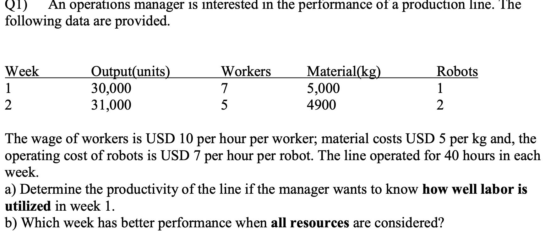 Q1) An operations manager is interested in the