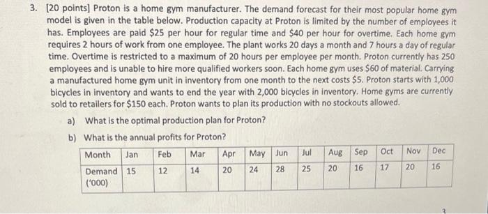 3. [20 points) Proton is a home gym manufacturer.