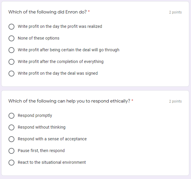 Subject ; Strategic Management ( Ethics) 2 points