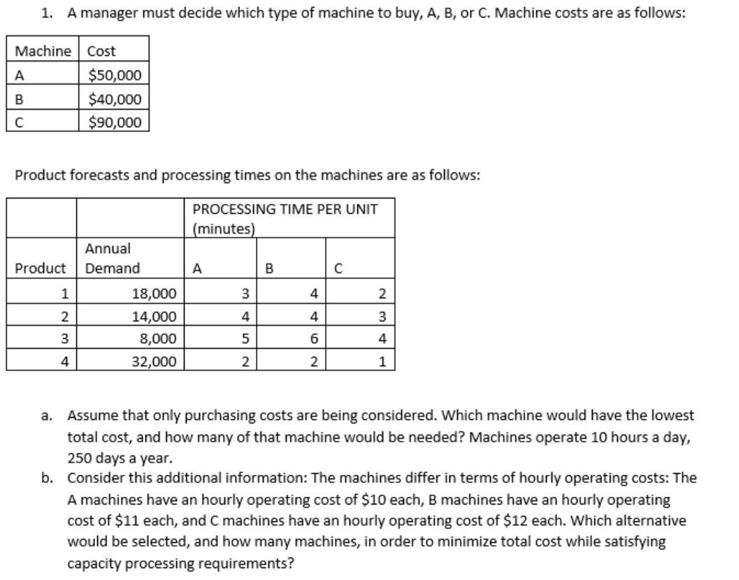 1. A manager must decide which type of machine to