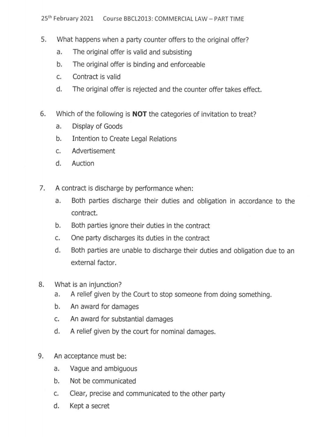 25th February 2021 Course BBCL2013: COMMERCIAL