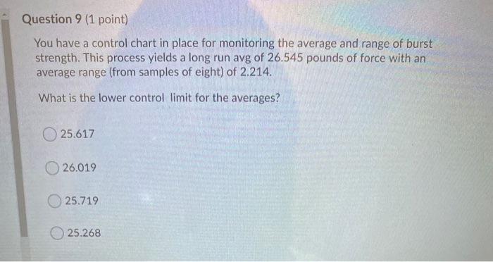 Question 9 (1 point) You have a control chart in