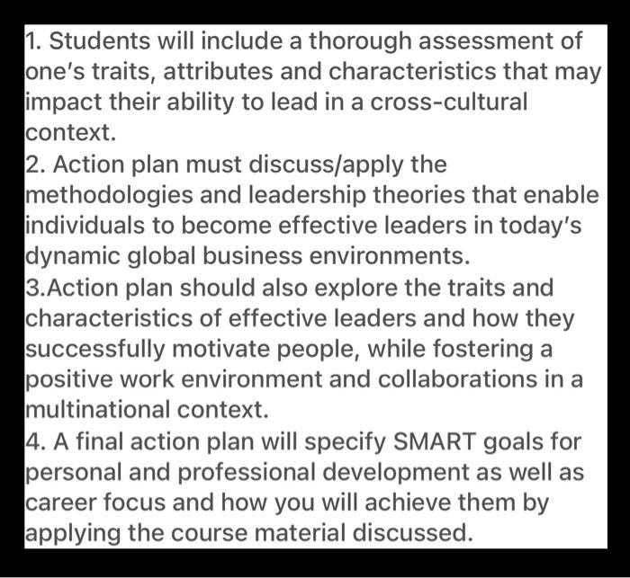 1. Students will include a thorough assessment of