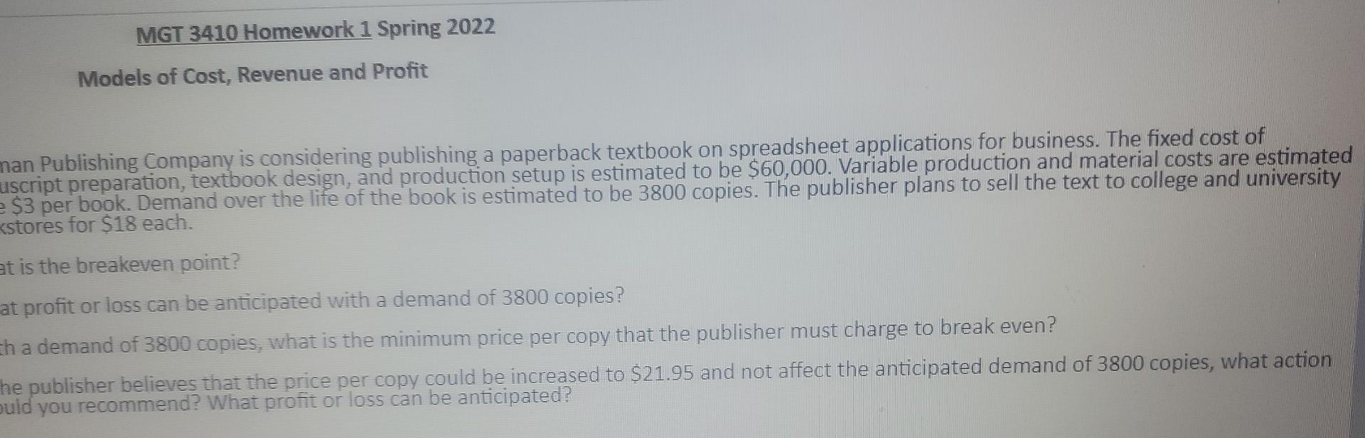 MGT 3410 Homework 1 Spring 2022 Models of Cost,