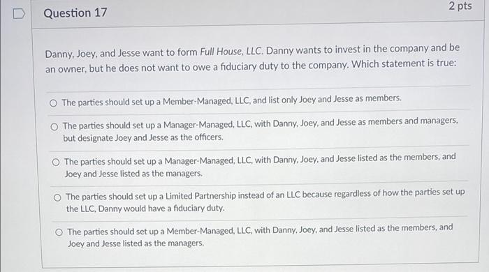 2 pts Question 16 Multiple Answer Options: Select