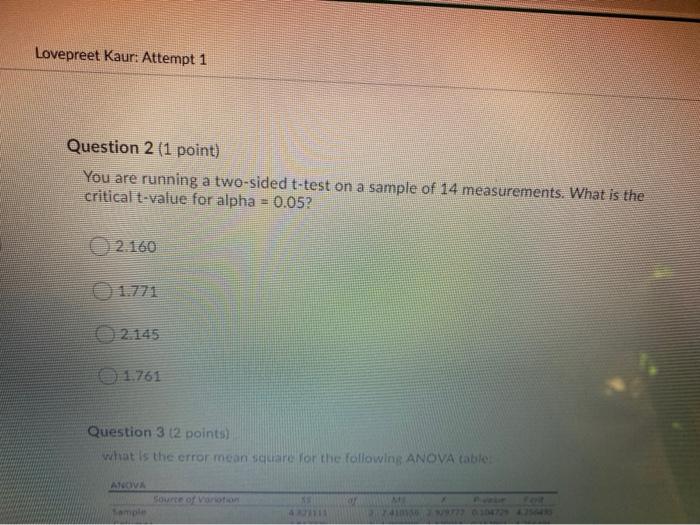 Lovepreet Kaur: Attempt 1 Question 2 (1 point)