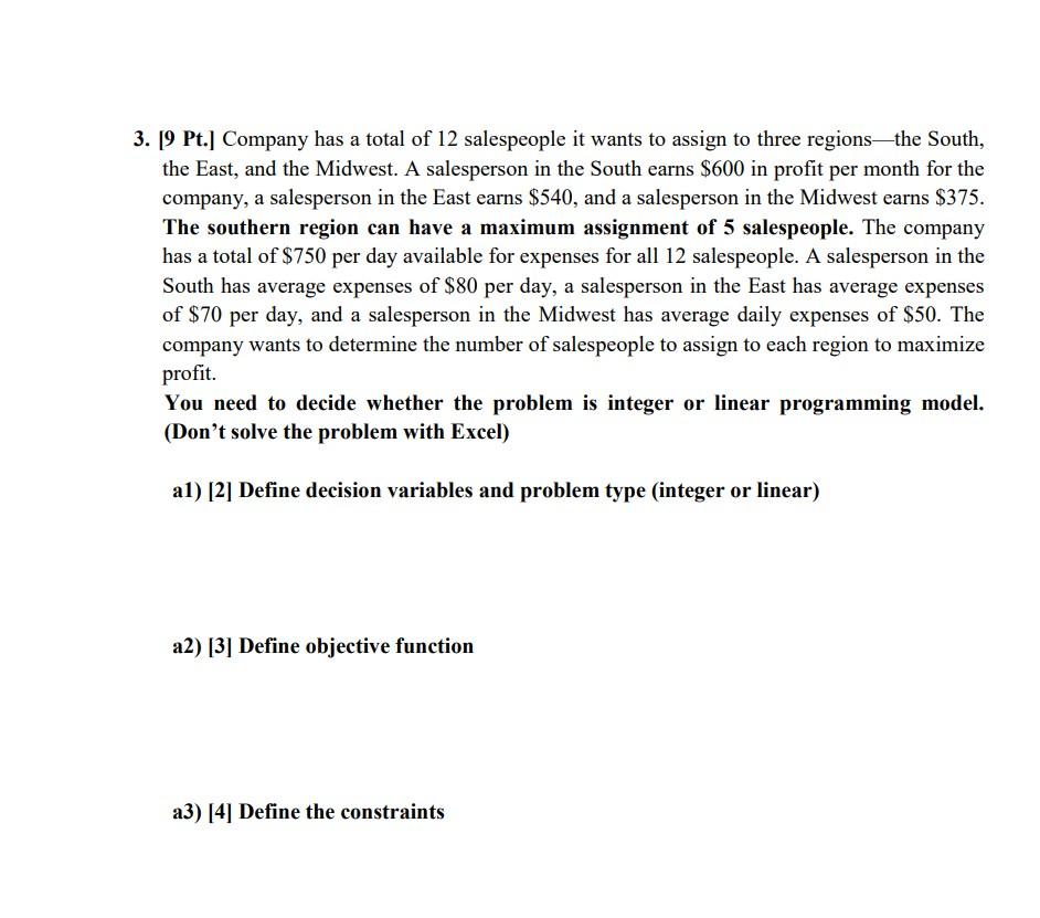 3. [9 Pt.] Company has a total of 12 salespeople