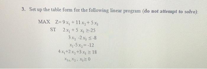 3. Set up the table form for the following linear