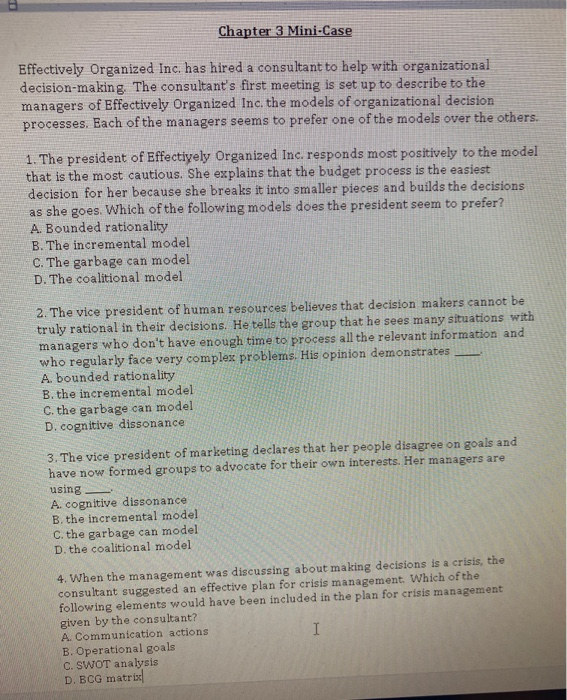 Chapter 3 Mini-Case Effectively Organized Inc.