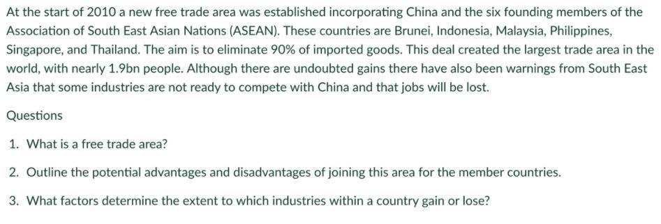 At the start of 2010 a new free trade area was