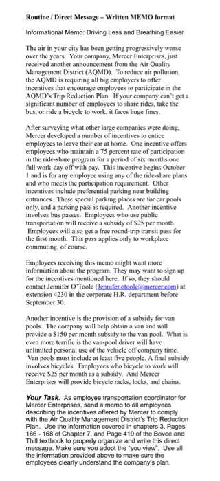 Routine / Direct Message - Written MEMO format