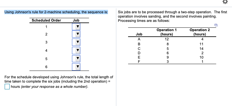 Six jobs are to be processed through a two-step