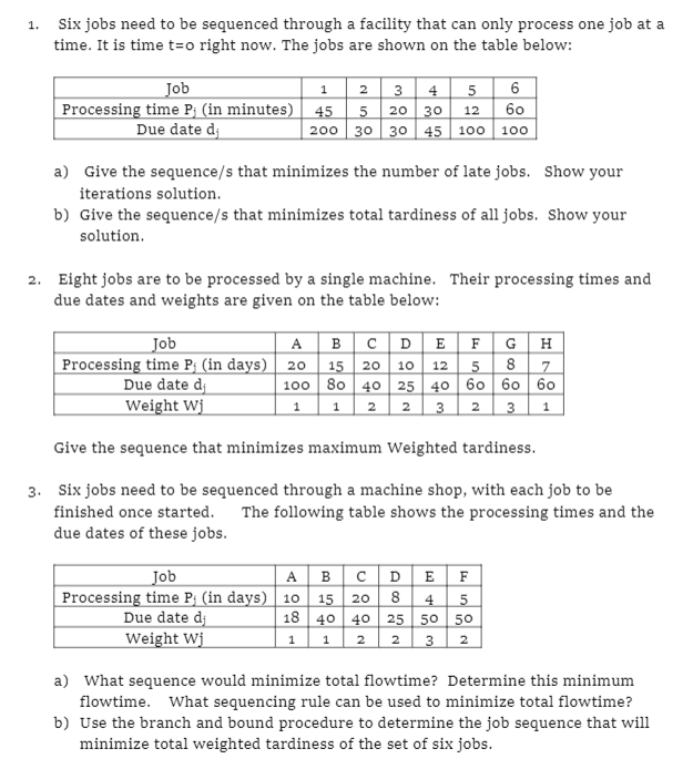 1. Six jobs need to be sequenced through a