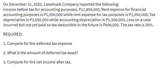 On December 31, 2020, Landmark Company reported