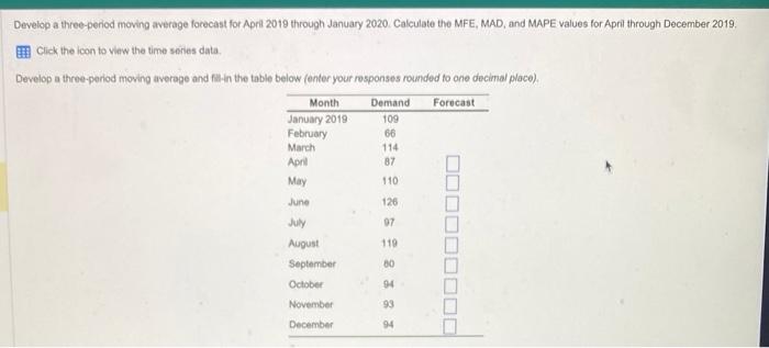 Develop a three-period moving average forecast