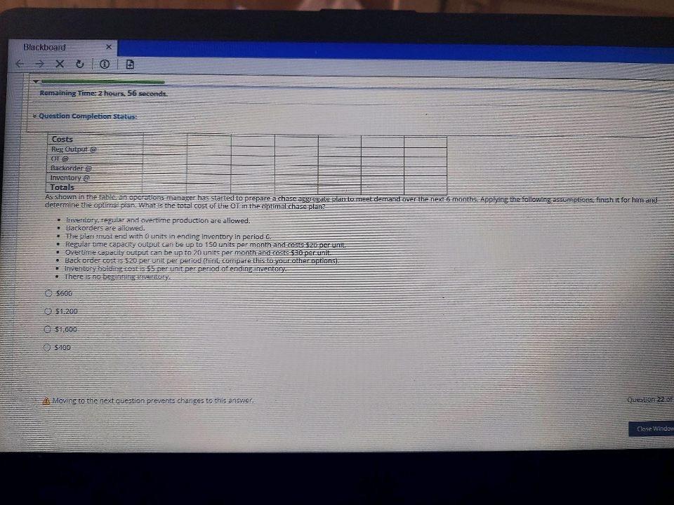 Blackboard X Remaining Time z hours. 56 seconds.