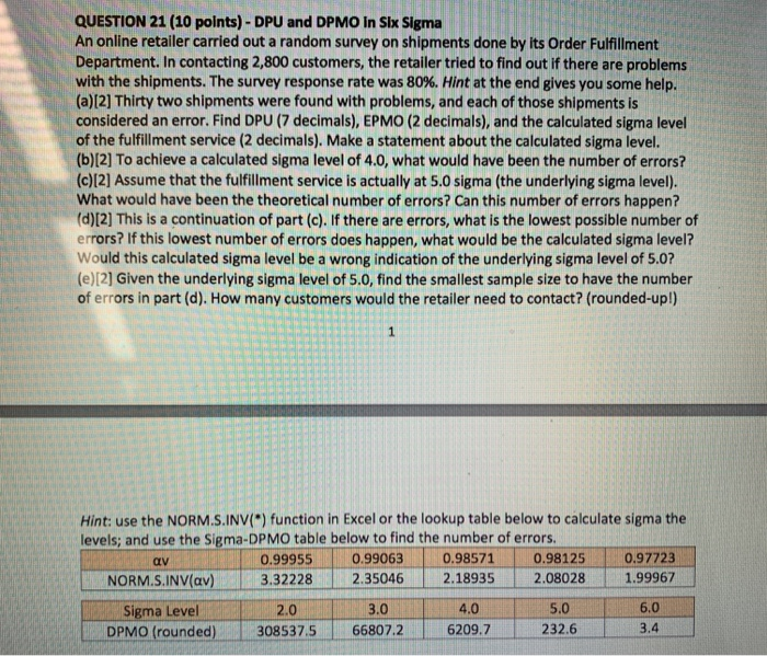 QUESTION 21 (10 points) - DPU and DPMO In Six